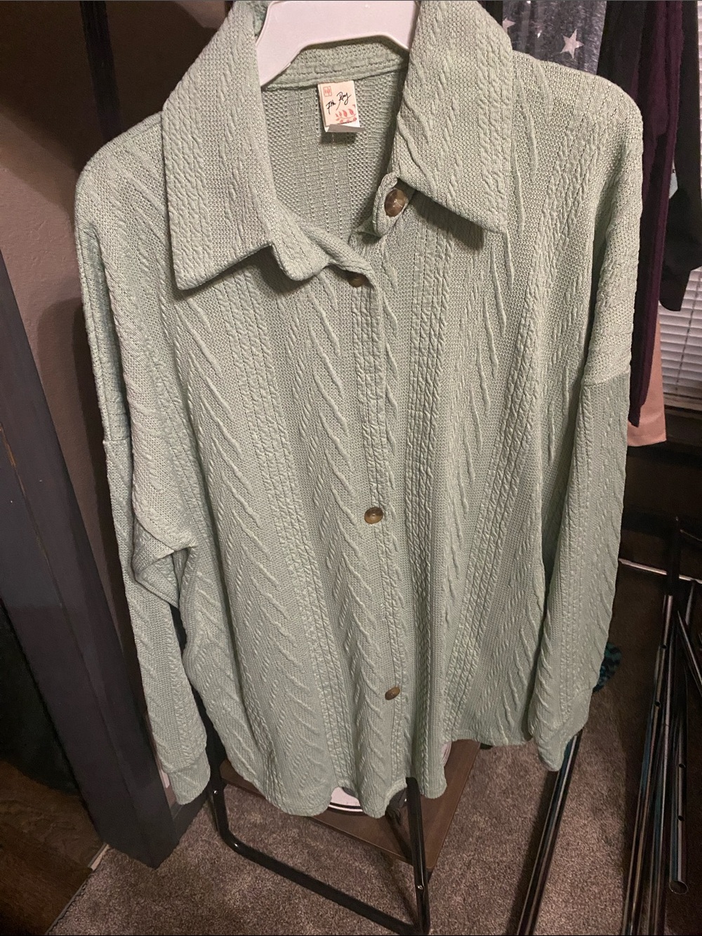 7th Ray Pastel Green Button-Up Knit Cardigan with Collar